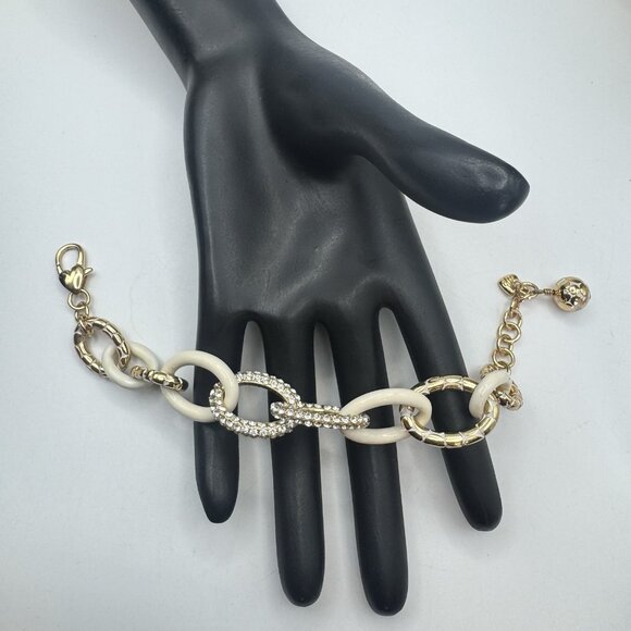 Brighton Gold-tone White Enamel Rhinestone Large Link Chain Bracelet Adjustable - Picture 1 of 9